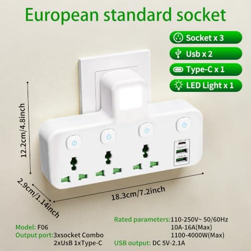 Plug Adapter Extension Socket, Multi Plug Adaptor with Independent Switches — view 2