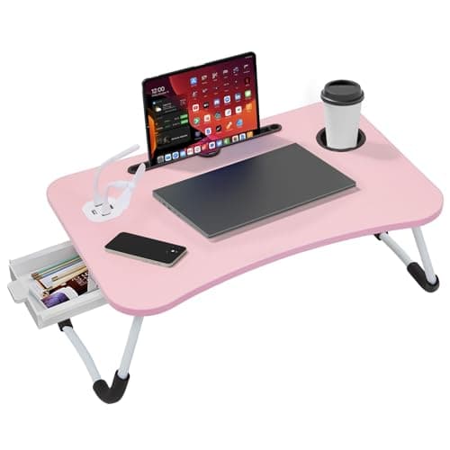 Foldable Laptop Table with USB Ports, Drawer, Cup Holder&Tablet Slot, Pink