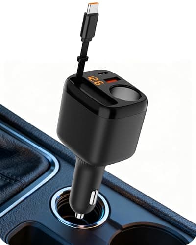Retractable Car Charger 3-in-1, 78W Fast Car Charger with Built-in 30W USB C Cable & Cigarette Lighter Splitter, Car Accessories Gift for Men Women, for iPhone 17 16 15 14, Galaxy, Pixel
