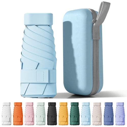 FWHFNB Travel Umbrella, Travel Mini Umbrella, Pocket Umbrella, UV Umbrella, UPF 50+, Portable Lightweight Compact, with Storage Box, for Men and Women (Sky Blue)