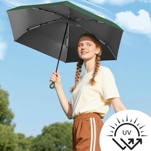 Detontek 6 Ribs Mini Travel Umbrella, Mini Folding Umbrella, Small Umbrella, Pocket Umbrella, Umbrella With Buckle Handle, Dual Purpose, With Storage Box (Dark Green) — view 3