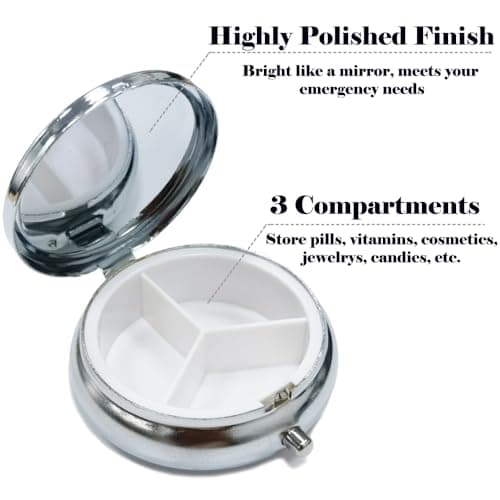 Belegao Pill Box with Mirror 3 Compartment Small Metal Pill Case for Pocket — view 2