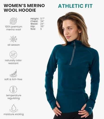 Merino Wool Base Layer Women - Merino Wool Hoodie Half Zip Ligtweight Long Sleeve Shirt (Medium, 190 Deep Teal) — view 2