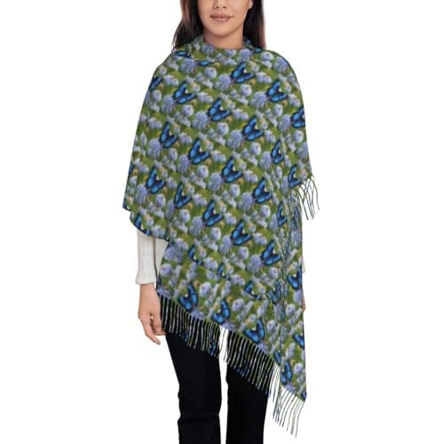 Blue Butterfly Print Elegant Fringe Scarf Shawl Wrap For Women Winter Fall Spring Travel Accessory Gift — view 3
