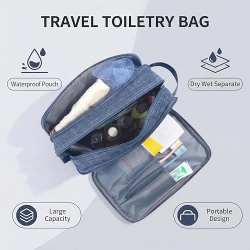 Premium Travel Wash Bag for Men & Women, Wet & Dry Separation Toiletry Bag, Water-Resistant Bathroom Organiser Double Zipper Shaving Bag with Carry Handle - Navy Blue — view 3