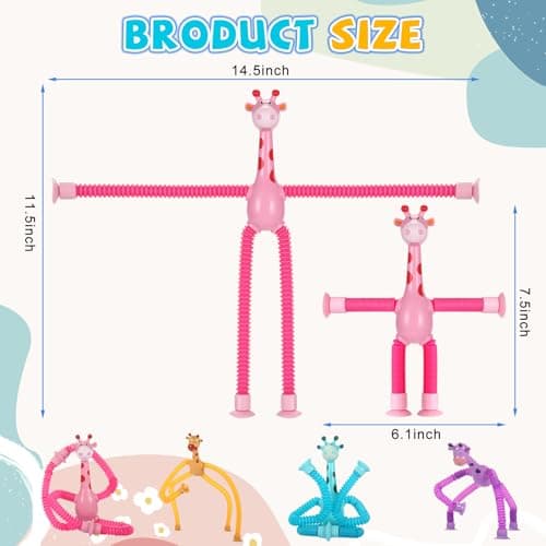 4Pcs Giraffe Pop Tubes Sensory Fidget Toys with Suction Cup, Easter Basket Stuffers for Toddlers Kids, Travel Toys for Airplane Car Activities, Screen-Free Fun Fidget Toys for Boys Girls — view 2