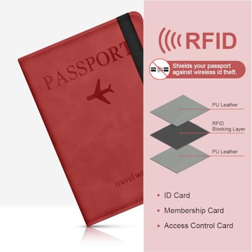 AOOSU Passport Holder Cover, PU Leather Passport Cover with RFID Blocking Travel Wallet, Portable Universal Travel Wallet Case Organiser for Money, Boarding Passes, Credit Cards Ocean Red — view 5