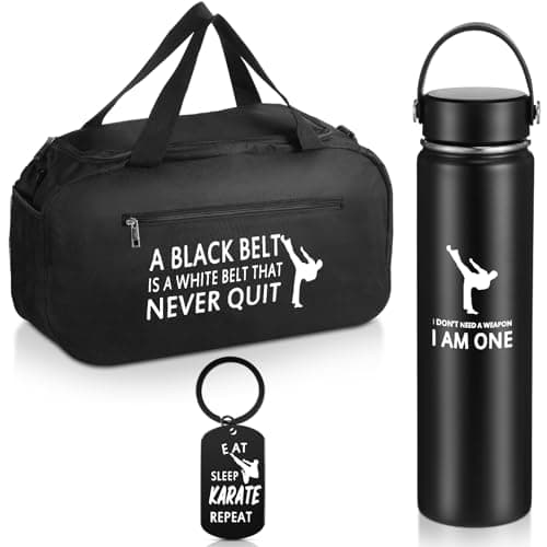 Layhit 3 Pcs Karate Gifts for Boys Taekwondo Karate Bag Martial Arts Duffel Bag 24 oz Stainless Steel Water Bottle Keychain for Kids Adults Taekwondo Lover Gifts(Black)