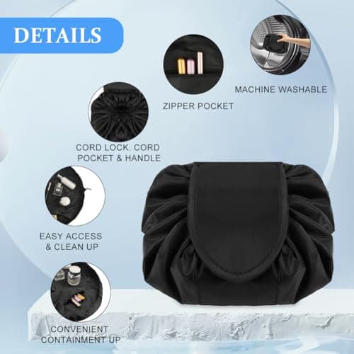 URAQT Lay Flat Drawstring Makeup Bag, Large-Capacity Travel Cosmetic Pouch, Portable Quick Pack Lazy Drawstring Make Up Bag for Daily Use, Magic Cosmetic Bag with Small Pocket for Women, Black — view 2