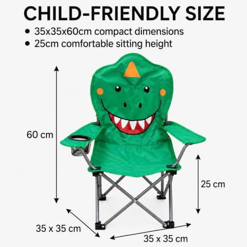 Envenzo Kids Folding Camping Chair, 4 Assorted Animal Designs, 600D Polyester, with Cup Holder and Security Lock, 35x35x60cm (1, GREEN) — view 3