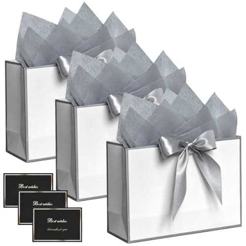 SHUBEIEUMI 3Pcs Gift Bags 28x20x10cm, Paper Bags(White With Silver Frame)