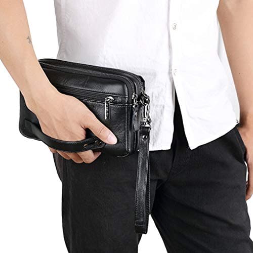 Men Clutch Bag Leather Wrist Purse for Men Women Travel Outdoor Business Organizer Wristlet Strap Pouch Coin Money Wallet Handbag Daypack Black — view 2