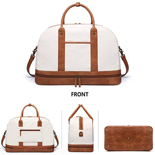 Canvas Overnight Duffle Bag - Large Travel Bag with Shoe Compartment, Perfect for Women's Travel or Daily Use - 3Pc Set Beige — view 3