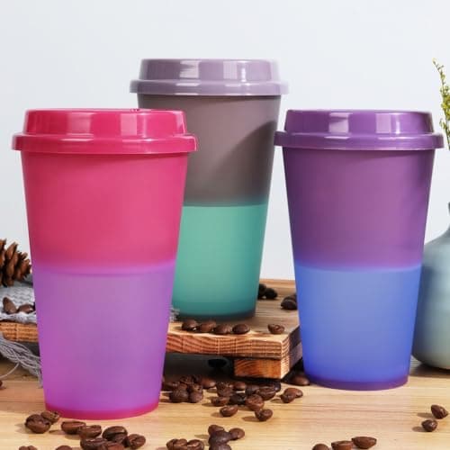 Yisituo 480ml Reusable Coffee Cups with Lids, Plastic Tumblers, 12 Pack Colour Changing Travel Mugs, for Home, Car, Beach, Camping, and Party (12, Rainbow) — view 3