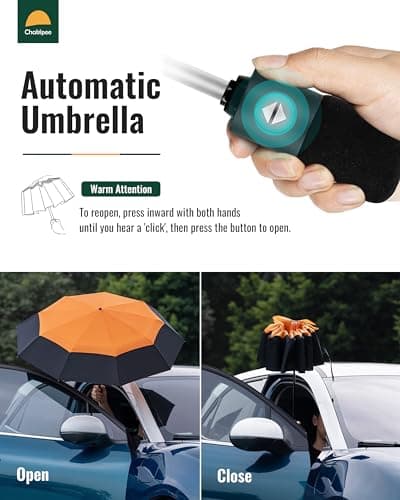 Chakipee Compact Travel Umbrella Windproof Strong- Automatic Folding Umbrellas for Wind and Rain, Double Vented Canopy 210T Fabric 102cm Span - 9 Ribs Portable Umbrella for Men and Women Orange — view 2