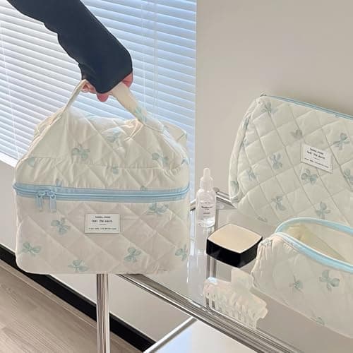 Aucuu 3PCS Coquette Makeup Bag, Quilted Makeup Bag for Women, Floral Cotton Cosmetic Bag Set, Large Capacity Aesthetic Floral Toiletry Bag, Travel Toiletry Bag, Wash Organizer Pouch for Women Girls — view 5