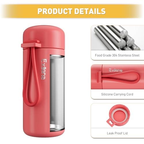 Exllena Small Flask 150ml Made of 304 Stainless Steel, Double Wall Vacuum Insulation for Hot&Cold Drinks, Mini Flask with Carry Handle - 100% Leakproof(Coral Red) — view 3