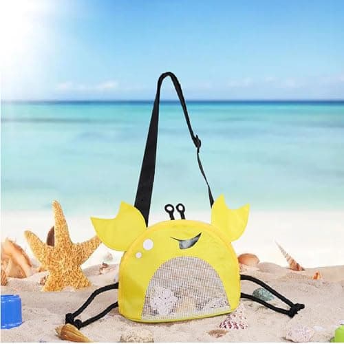 Mesh Beach Toy Bag, Crab-Shaped Shell Collecting Bag with Adjustable Shoulder Strap, Cute Sand Toy Storage for Kids,Yellow — view 2