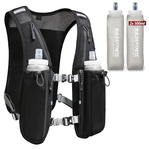 Running Hydration Vest for Women and Men. Reflective, 8 Pocket, Quick dry, Water-Resistant, Breathable, 1.5L, Adjustable Backpack for Runs, Hiking, Cycling, Trails, Marathons (with 2x 500ml soft flask
