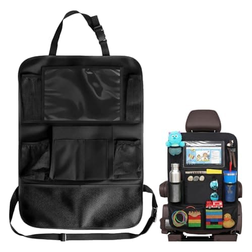 Plkjiu Waterproof Car Back Seat Organiser with Tablet Holder - 40x60cm Foldable Car Seat Protector for Kids Travel, Multi-Pocket Car Organiser Storage for SUV, Van & Sedan, Black