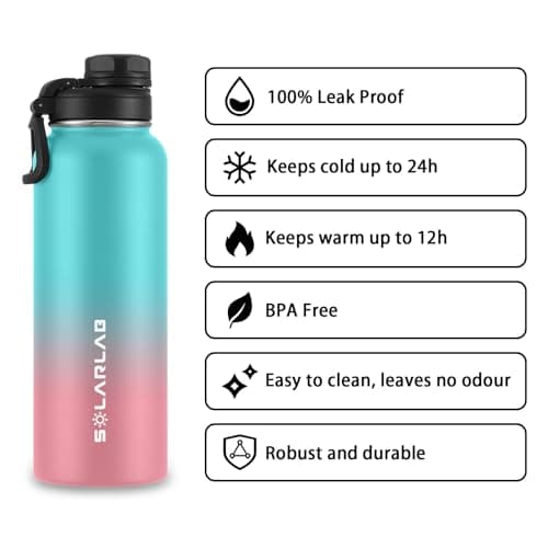 SOLARLAB Insulated Water Bottle 1.2 L Stainless Steel – Thermos Water Bottle – BPA Free – Perfect for Hot Drinks, Cold, Outdoors, Camping (1.2 L, Macaron Blue+Pinke) — view 2
