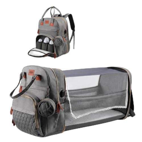 Large Capacity Baby Changing Backpack with with Foldable Cot Bed and Changing Pad & USB Port, Waterproof Baby Diaper Bag with Bottle Storage Insulation and Stroller Straps, for Travel Shopping Camping