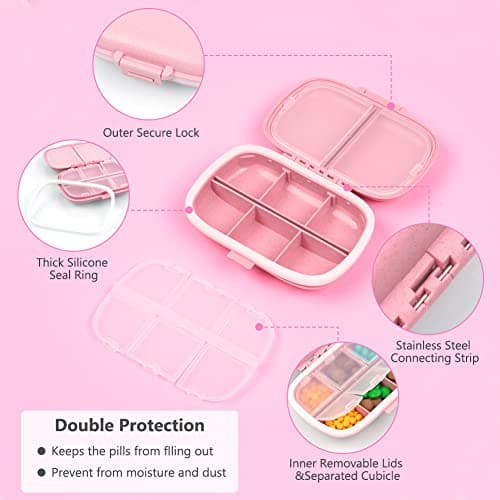 ACWOO Pill Box Organiser, 1Pcs Portable Medicine Storage Box with 8 Compartments, Pill Case Pill Dispenser to Hold Vitamins, Cod Liver Oil, Supplements and Medication for Travel & Work (Pink) — view 4