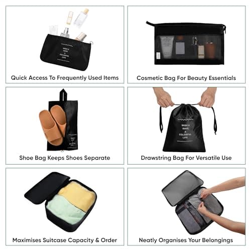 ASAB 9Pcs Packing Cubes for Travel Suitcases Portable Space Saving Double Zippered Suitcase Organiser Bags with Buckle Design Shoes Cosmetics Toiletries Waterproof Luggage Cubes Storage Bags (Black) — view 3