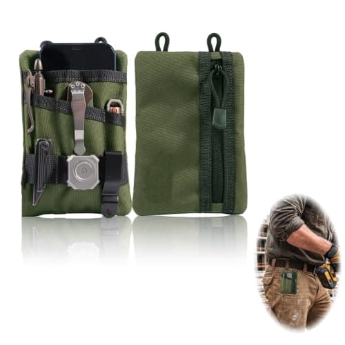 Fits Large Phone with Case EDC Pouch Pocket Organiser, Waxed Canvas Small Tool Belt Waist Pouch, Green Multipurpose Utility Gear Pocket Bag for Heavy Duty Multitool Flashlight Pen with Carabiner