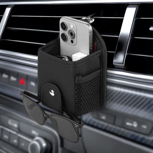 Qirc Car PU Leather Air Vent Pocket, Universal Sunglass Holder Organizer with Clip, Car Interior Storage Bag for Phone, Coin, Key, Card Case, Small Items