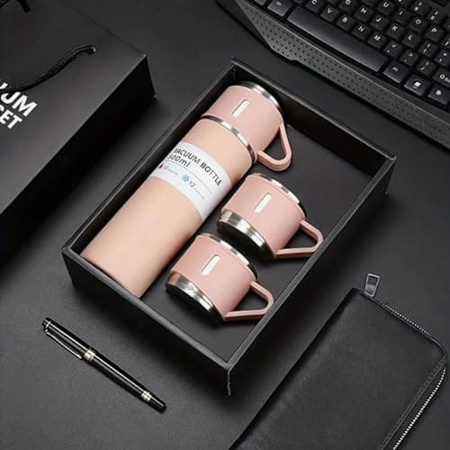 Modern Travel Thermal Flask Set - Flask Set Stainless Steel Vacuum Insulated Bottle with Extra 2 Cup for Hot and Cold Drink (Pink) — view 6