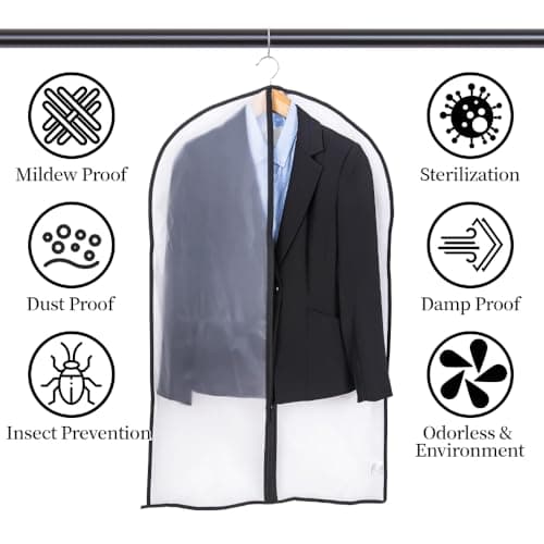 Niviy Garment Covers Dustproof Clothes Covers Moth Proof Coat Bag with Zip PEVA Translucent Dress Cover Waterproof Anti-mite Breathable Suit Protector 6pcs 60 * 100cm (Black) — view 3
