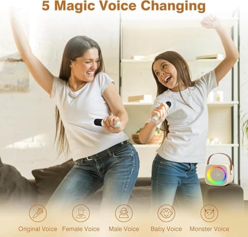 2026 Mini Karaoke Machine for Kids Adults, Portable Bluetooth Speaker with 2 Wireless Microphones, MP3 Music Player for Girls Boys 3-11,12+ Years Old, Gifts for Family Home Birthday Party (Beige) — view 5