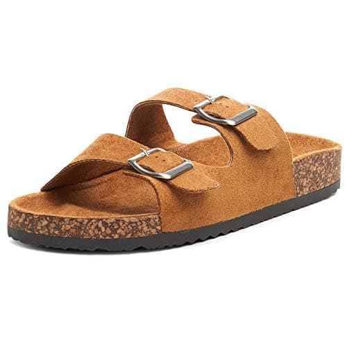 alpine swiss Womens Double Strap Contour Sandals | Adjustable Buckle Slides | Vegan Leather Footbed Sandals | Ergonomic Cork-Inspired Sole | Casual Summer Footwear Slip On Slides with Buckles Tan 5 — view 6