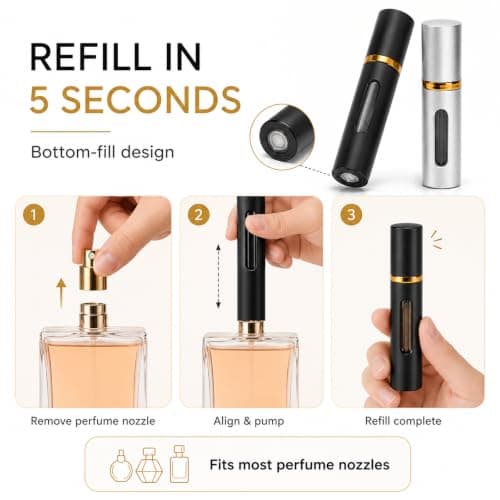 Muexoee Perfume Atomiser Refillable 8ml – 2 Pack Travel Perfume Bottle with Visible Window, Leak-Proof Fine Mist Spray, Bottom-Filling Portable Atomiser for Hand Luggage (Black & Silver) — view 3