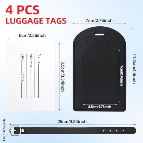 Redamancy Luggage Tags, Leather Suitcase Tags, Luggage Tags for Suitcases with Adjustable Strap Privacy Protection Cover for Preventing Loss of Bags and Suitcases (4PCS*Black) — view 2