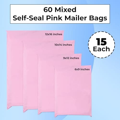 Double Dragon 60 Mixed Self-Seal Pink Mailer Bags | Tamper-Proof & Durable | Polythene Plastic Packaging Envelops for Mailing, Postage, Parcel Shipping & Delivery |4 Sizes (15 Each)| Small to Large — view 2