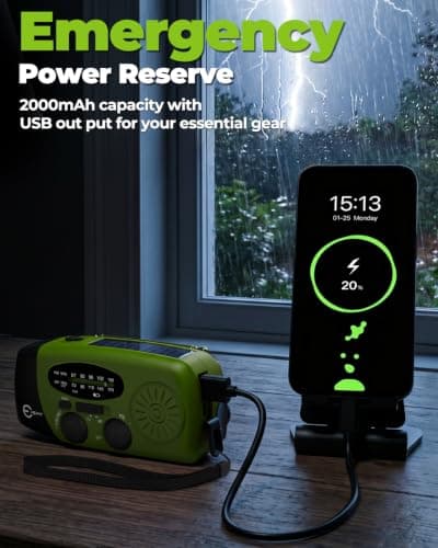 Esky Wind Up Solar Emergency Radio, Portable Hand Crank AM/FM Radio with 2000mAh Rechargeable Power Bank, USB Phone Charger, 3 LED Flashlight, SOS Alarm for Power Outage/Camping/Hiking(Green) — view 4