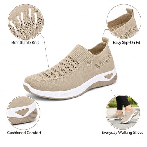 Women’s Slip On Walking Shoes, Lightweight Breathable Knitted Casual Trainers, Laceless Pull On Comfort Trainers for Ladies, Everyday Walking, Work, Travel and Outdoor Wear Beige — view 5