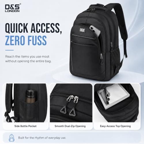D&S London Laptop Backpack for Men & Women - Weatherproof Travel Rucksack for Work, School & Business - 15.6-17 inch Laptop Bag, Large 30L Capacity, Anti-Theft Flight Cabin Bag (Grey),Black — view 6