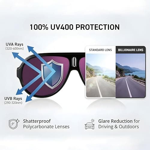 Komonee Billionaire Sunglasses Black Thick Frame Flight Style Retro UV400 Protection Classic Sun Shades Eye Glasses Unisex For Men Women Travel & Fashion – Lightweight Durable Rim Luxury Eyewear — view 3