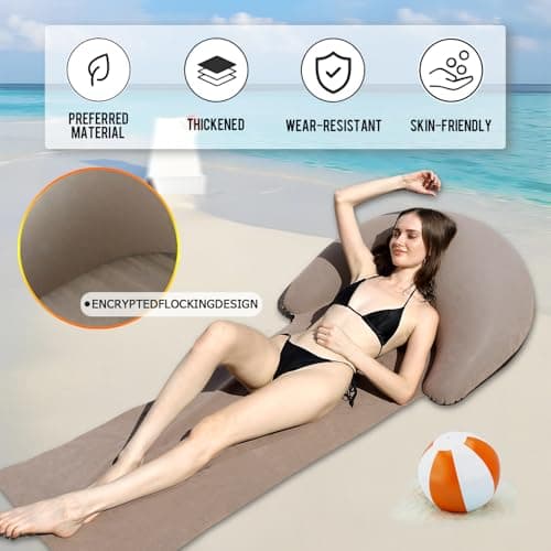 Inflatable Beach Mat Lounge Chair, Outdoor Sunbathing Sleeping Pad with Inflatable Pillow, Portable Flocking Beach Lounge Chair, Suitable for Lawn, Outdoor Camping, Travel, Beach Vacation (Khaki) — view 4
