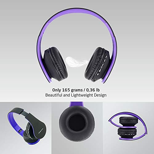 PowerLocus Wireless Bluetooth Over-Ear Stereo Foldable Headphones, Wired Headsets Noise Cancelling with Built-in Microphone for iPhone, Samsung, LG, iPad (Purple) — view 3