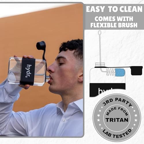 hydr Flat Water Bottle For Handbag & Flexible Cleaning Brush | 500ml Tritan BPA Free Slim Travel Water Bottle, small bottle for handbag (Nero Black) — view 6