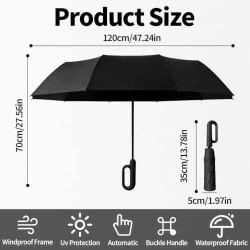 NKFBEV Travel Umbrella with Carabiner Handle, Windproof Umbrella for Rain and Sun, 10 Ribs, Auto Open Close, UV Protection, Compact Portable, Travel Umbrella Compact for Women Men Kids (Black) — view 2