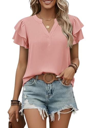 Cuptacc Womens Tops Summer Ladies T-Shirts Elegant V Neck Daily Coral M — view 2