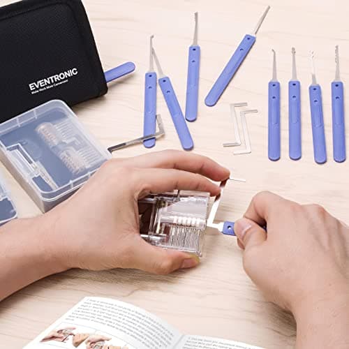 Lock Pick Set, Eventronic 17-Piece Lock Picking Tools with 2 Clear Practice and Training Locks for Lockpicking, Extractor Tool for Beginner and Pro Locksmiths — view 2