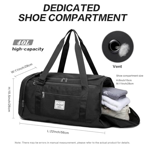 Laripwit Travel Duffle Bag for Men 40L Medium Gym Duffel Backpack with Shoe Compartment & Wet Pocket Sports Holdalls Women Weekend Overnight Bag for Traveling Camping, Black — view 5