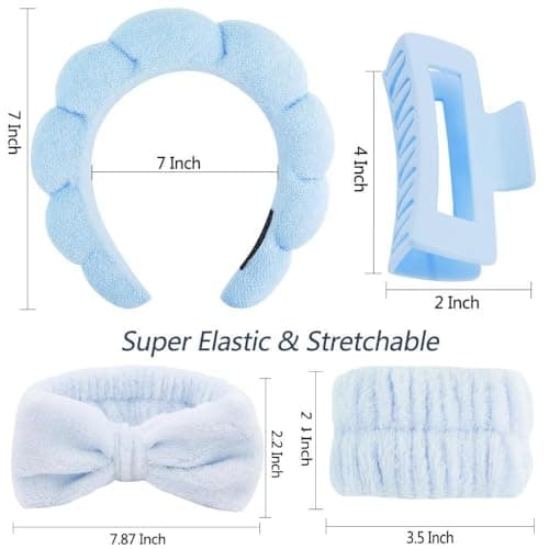 5 Pcs Spa Headbands for women and girls face washing, makeup, facial skin care, fluffy sponge SPA hairband bow hairband hairpin wristband set.(Sky blue) — view 3