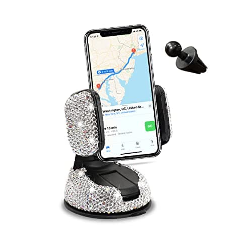 CGEAMDY Universal Bling Car Cell Phone Holder, 360°Adjustable Rhinestone Phone Mount with One More Air Vent Base, Crystal Car Interior Decoration, for Windshield, Dashboard and Air Vent (White)
